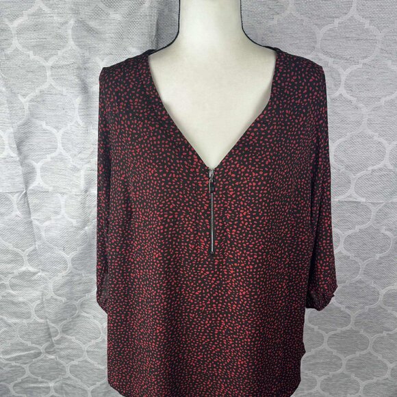 Avenue Studio Black Red Micro Print Blouse Front Zip V-Neck 3/4 Sleeve Size 20 - Picture 2 of 8